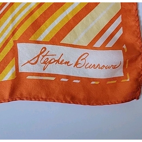Stephen Burrows Signed Vintage Orange Yellow Striped Square Silk Scarf Retro - Picture 4 of 8